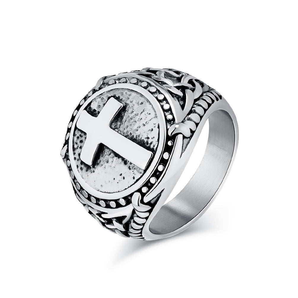 European American Retro Titanium Steel Cross Shape Ring for Men