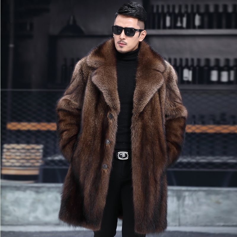 Men Faux Fur Coat Long Winter Business Casual