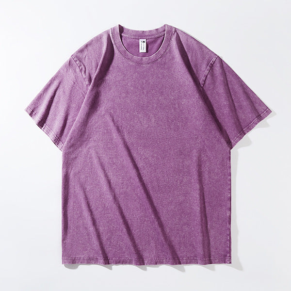 Vintage washed distressed T-shirt, half-sleeved pure cotton short-sleeved round-neck T-shirt for men
