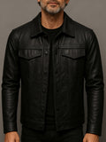 Men PU Leather Motorcycle Jacket Lapel Slim Fit Pilot Coat