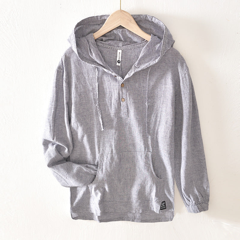 Men Casual Hooded Loose Long Sleeve Striped Shirt