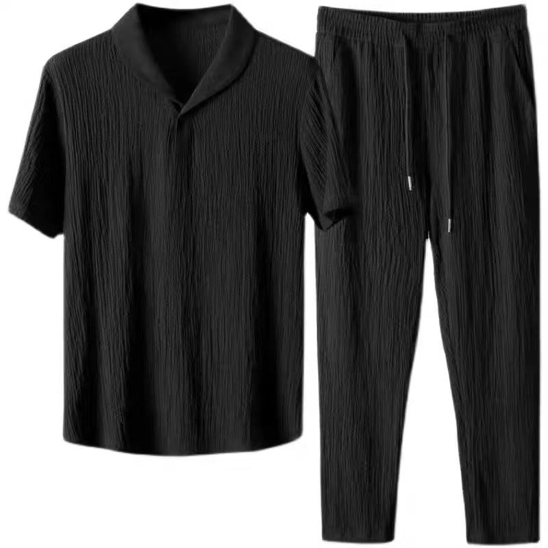 Men Ice Silk Linen Suit Summer Short Sleeve Cropped Pants Set