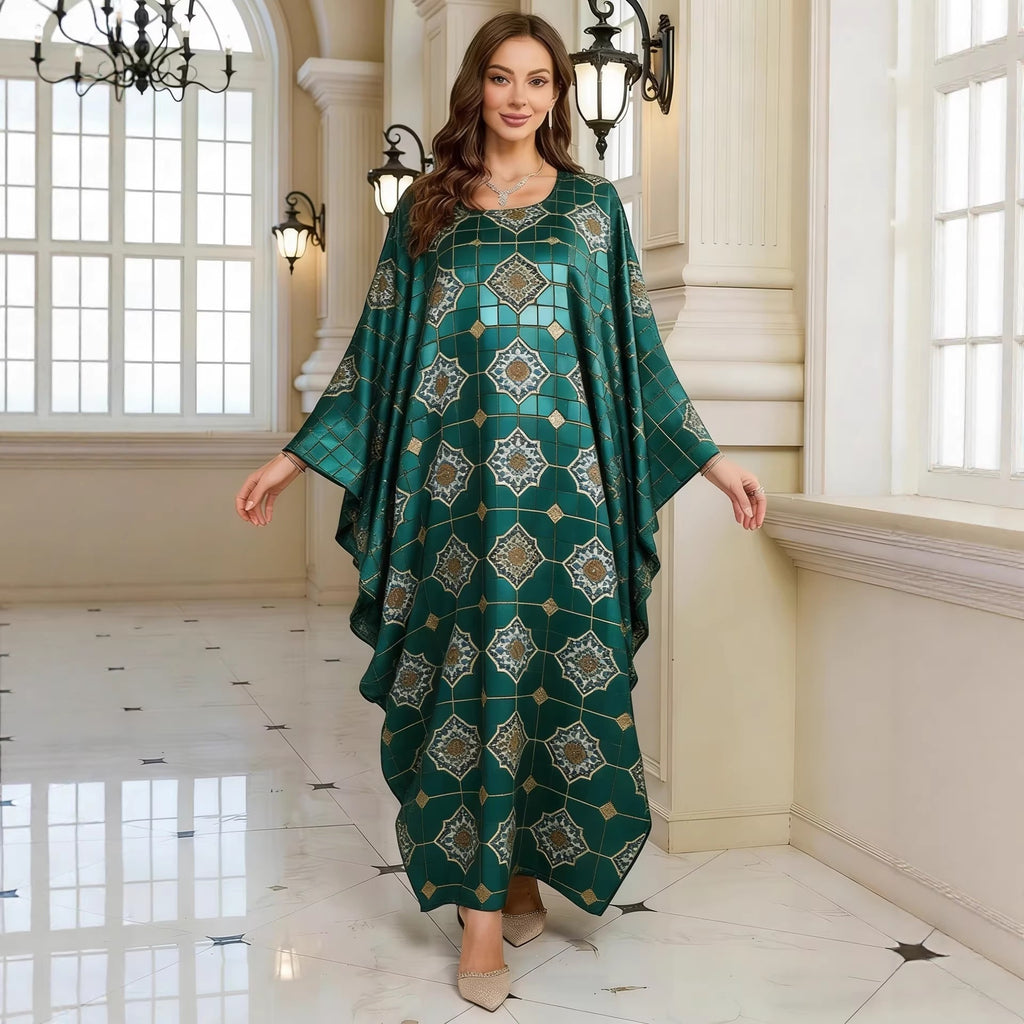 Geometric Print Batwing Sleeve Long Dress