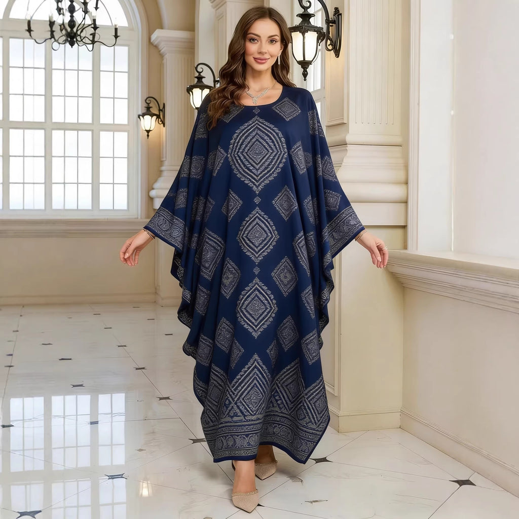 Geometric Print Batwing Sleeve Long Dress
