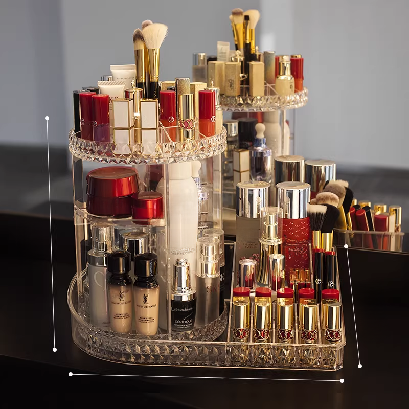 Rotating Acrylic Makeup Organizer with Multi-Compartment Top