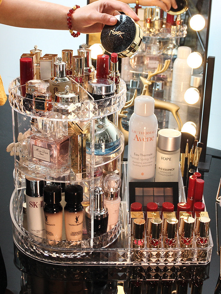 Rotating Acrylic Makeup Organizer with Multi-Compartment Top