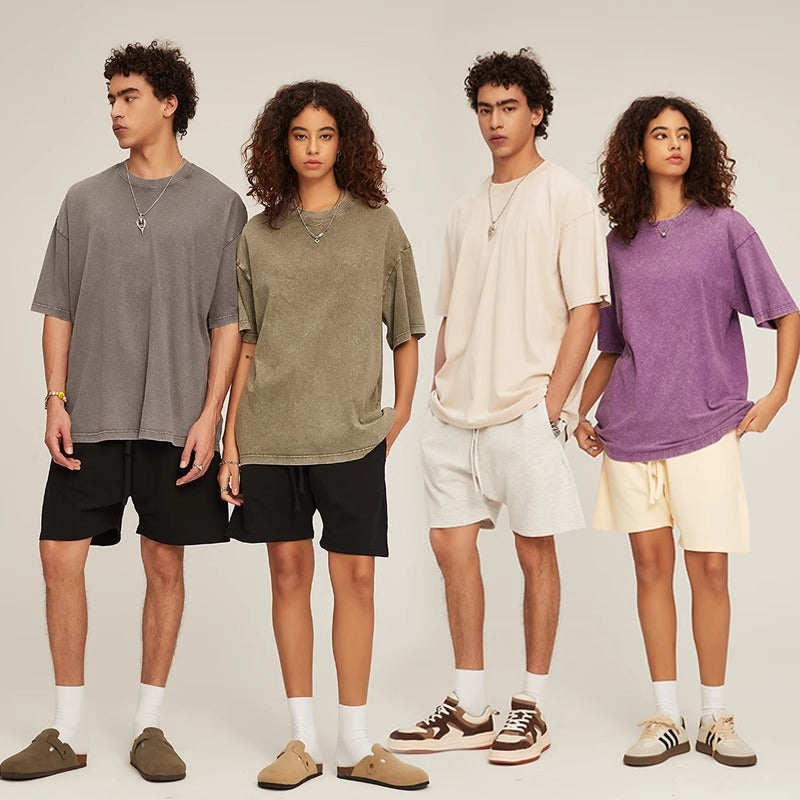 Vintage washed distressed T-shirt, half-sleeved pure cotton short-sleeved round-neck T-shirt for men