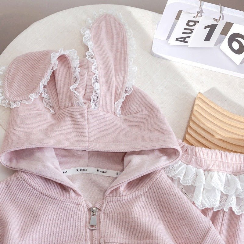 Kids Rabbit Ear Hooded Tracksuit Set