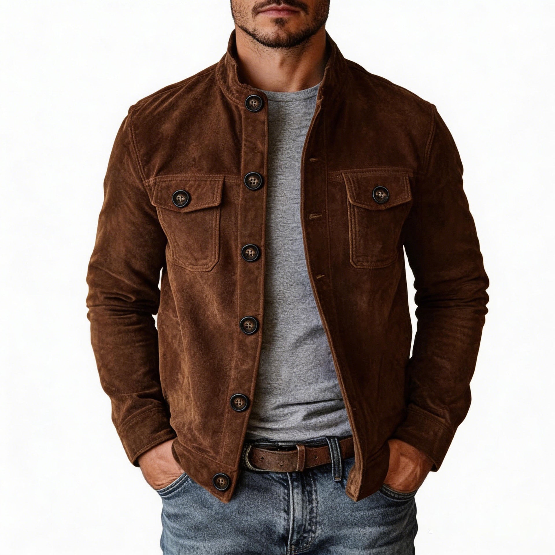 Men Casual Faux Suede Stand Collar Jacket