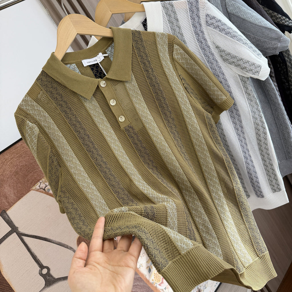 Men Striped Jacquard Knit Short Sleeve Polo Shirt