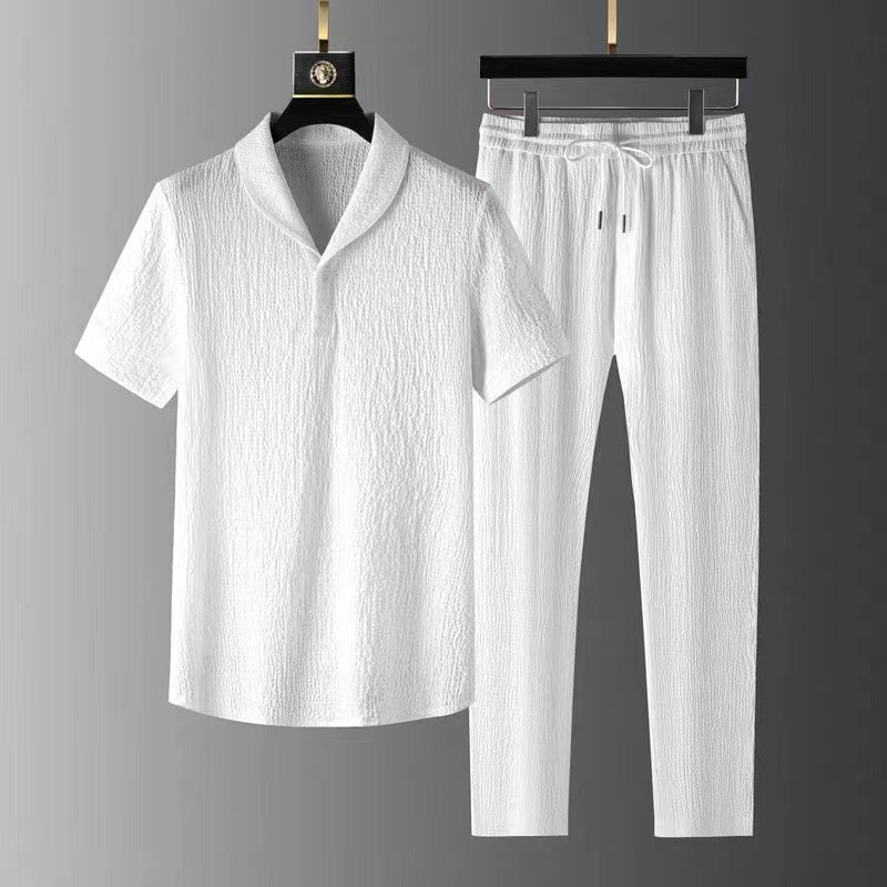 Men Ice Silk Linen Suit Summer Short Sleeve Cropped Pants Set