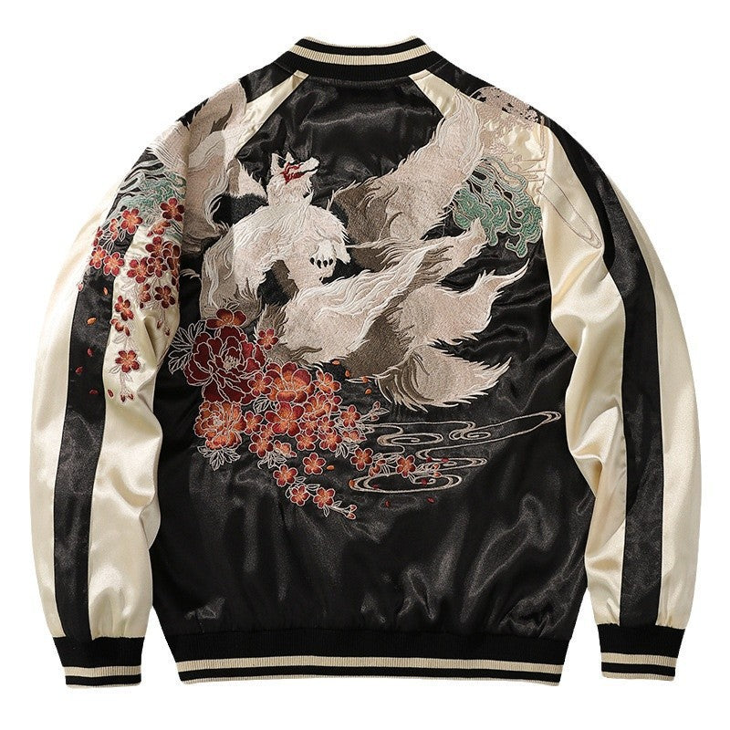 Spring and Autumn Chinese Style Heavy Industry Yokosuka Jacket Coat for Men and Women with Embroidered Nine-Tailed Fox Chinese Style Baseball Jacket Retro Personality