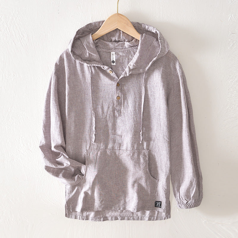 Men Casual Hooded Loose Long Sleeve Striped Shirt