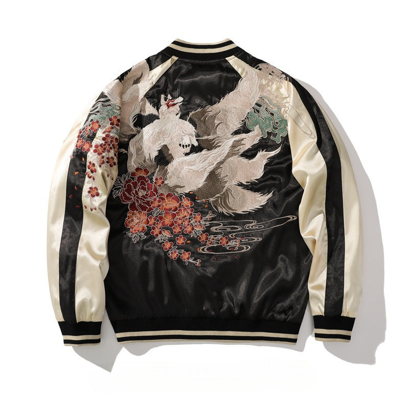 Spring and Autumn Chinese Style Heavy Industry Yokosuka Jacket Coat for Men and Women with Embroidered Nine-Tailed Fox Chinese Style Baseball Jacket Retro Personality