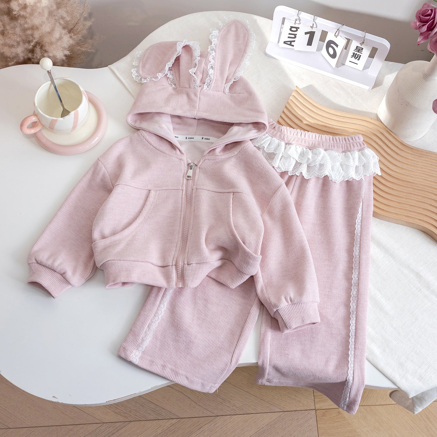 Kids Rabbit Ear Hooded Tracksuit Set