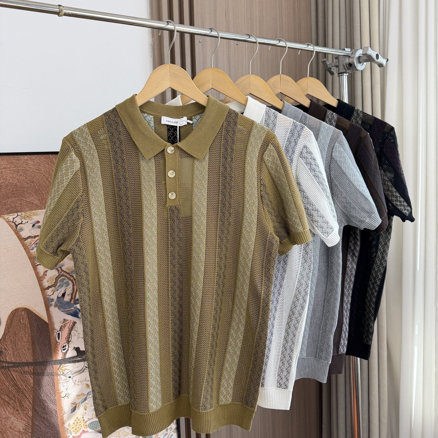 Men Striped Jacquard Knit Short Sleeve Polo Shirt