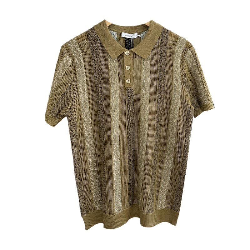 Men Striped Jacquard Knit Short Sleeve Polo Shirt