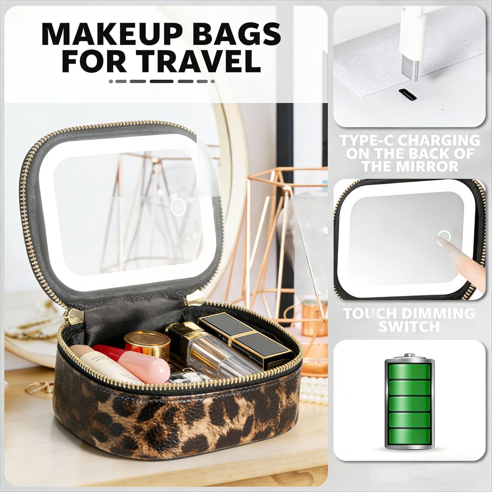 PU Leather Makeup Case with Mirror and Light