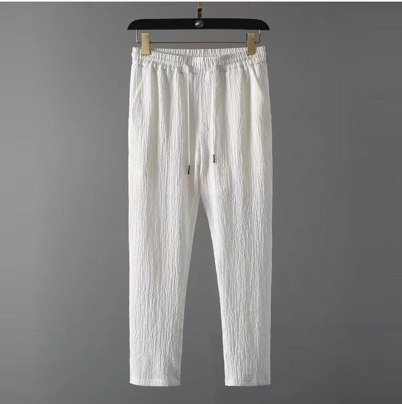 Men Ice Silk Linen Suit Summer Short Sleeve Cropped Pants Set