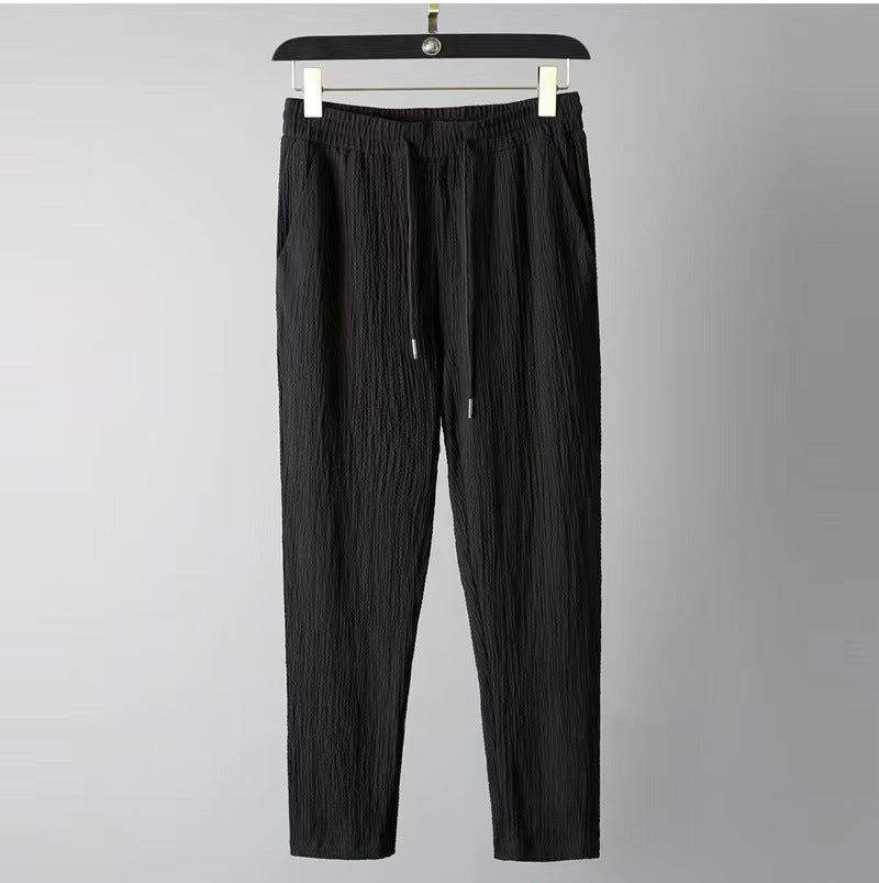 Men Ice Silk Linen Suit Summer Short Sleeve Cropped Pants Set