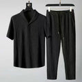 Men Ice Silk Linen Suit Summer Short Sleeve Cropped Pants Set