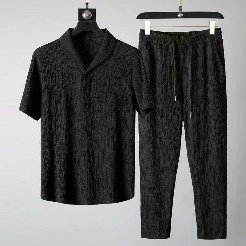 Men Ice Silk Linen Suit Summer Short Sleeve Cropped Pants Set