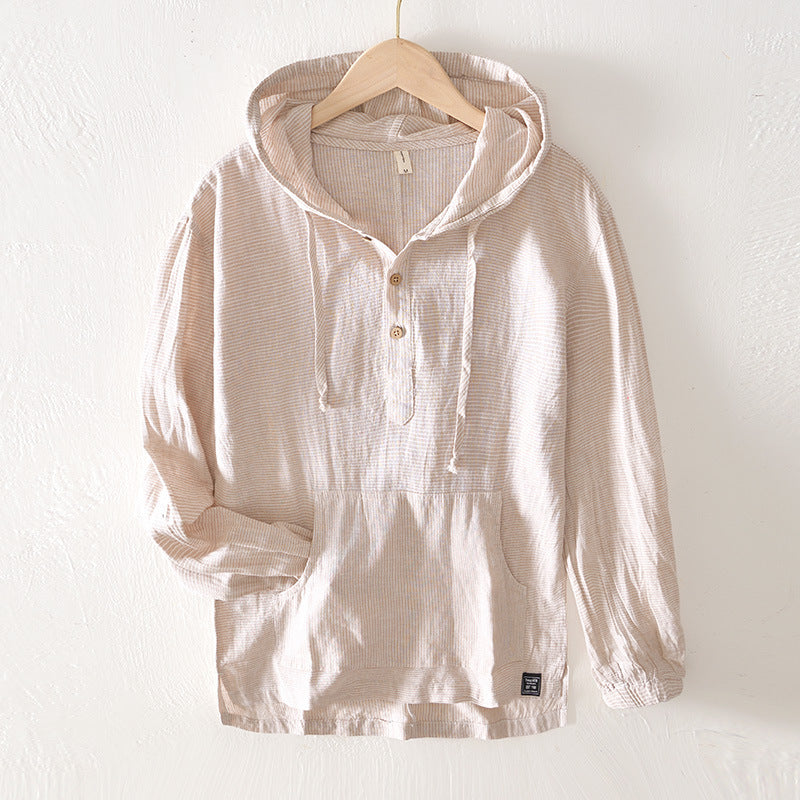 Men Casual Hooded Loose Long Sleeve Striped Shirt