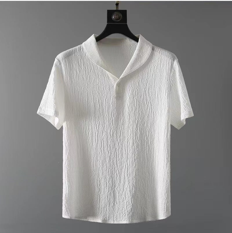 Men Ice Silk Linen Suit Summer Short Sleeve Cropped Pants Set