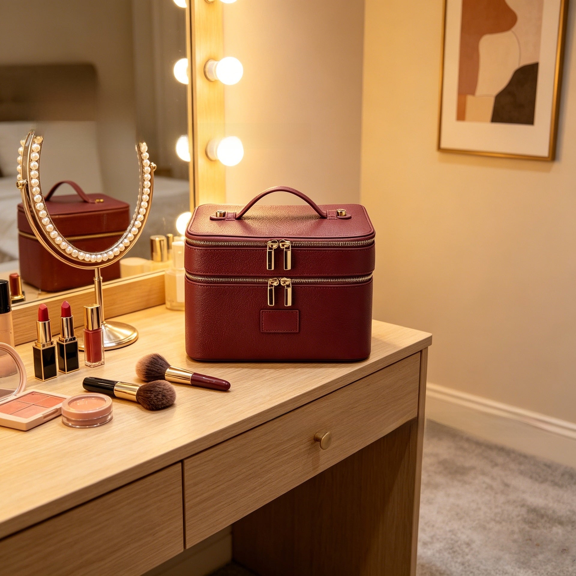 Double Layer PU Leather Makeup Bag