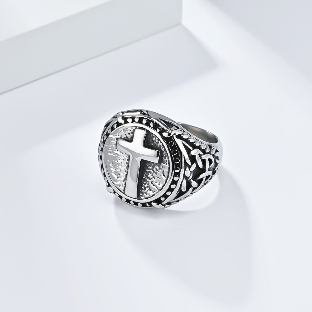 European American Retro Titanium Steel Cross Shape Ring for Men
