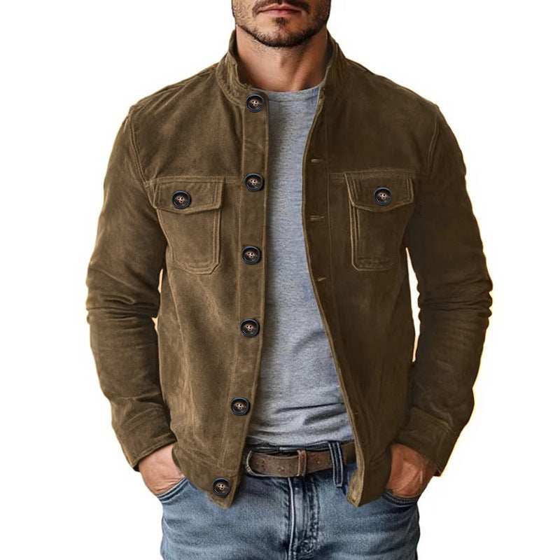 Men Casual Faux Suede Stand Collar Jacket
