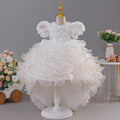 European and American Girls' Puff Short-Sleeved Dress with Three-Dimensional Flower Wedding Dress Children's Formal Dress Multi-Layered Cake Train Dress
