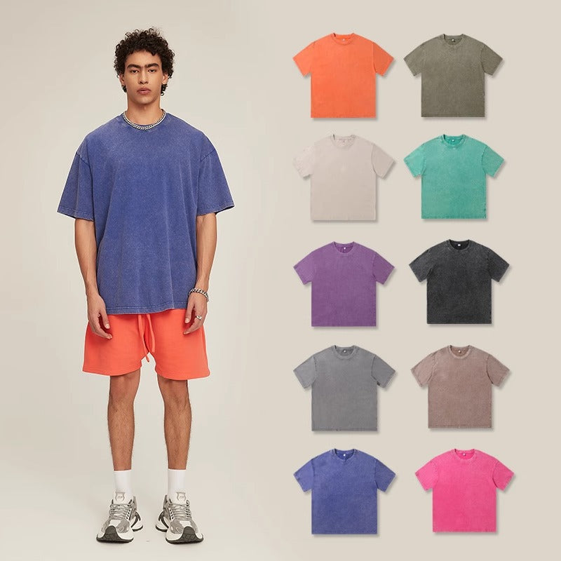 Vintage washed distressed T-shirt, half-sleeved pure cotton short-sleeved round-neck T-shirt for men
