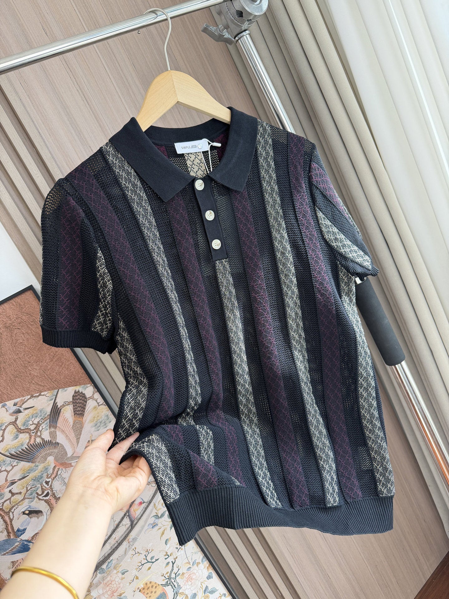 Men Striped Jacquard Knit Short Sleeve Polo Shirt