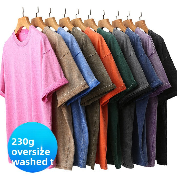 Vintage washed distressed T-shirt, half-sleeved pure cotton short-sleeved round-neck T-shirt for men