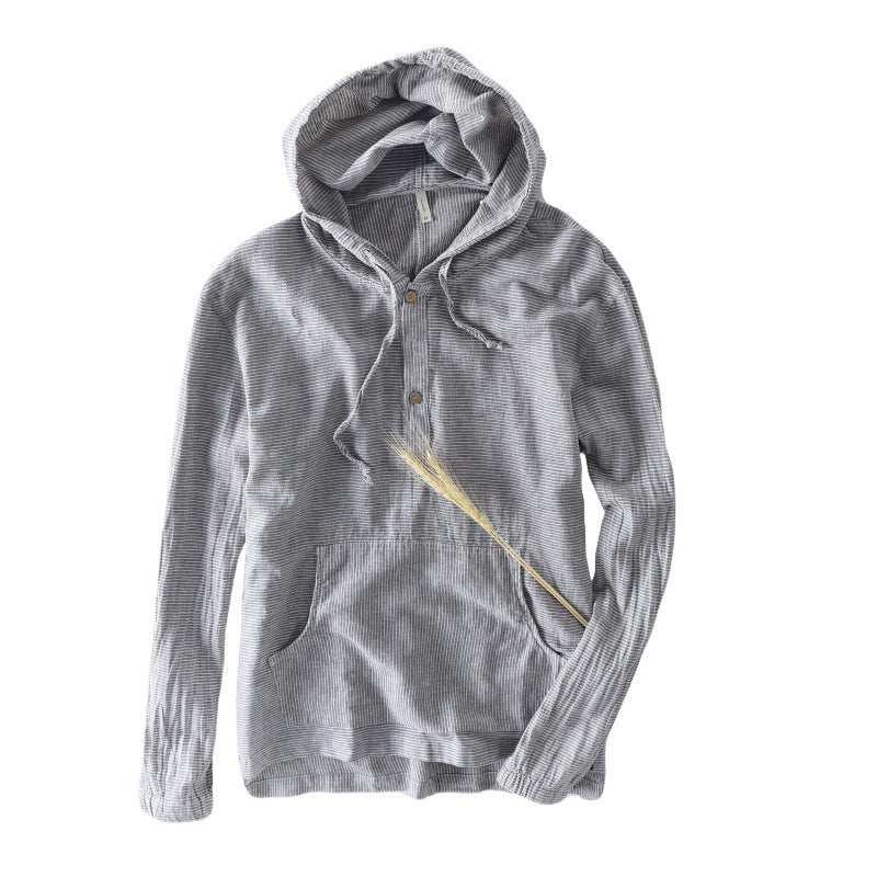 Men Casual Hooded Loose Long Sleeve Striped Shirt