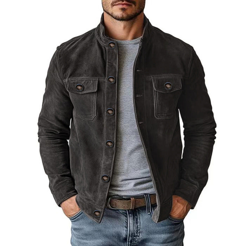 Men Casual Faux Suede Stand Collar Jacket
