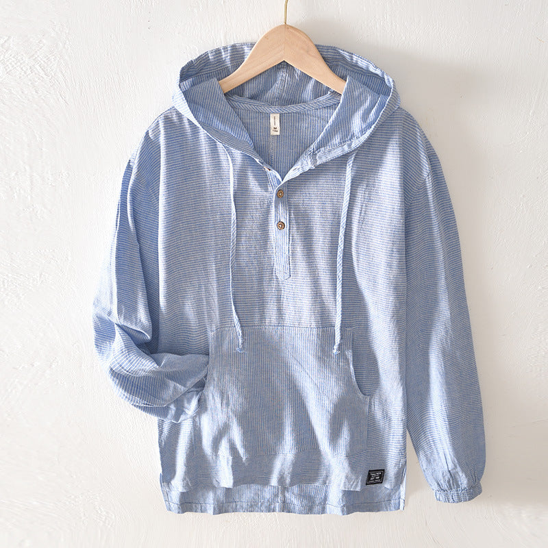 Men Casual Hooded Loose Long Sleeve Striped Shirt