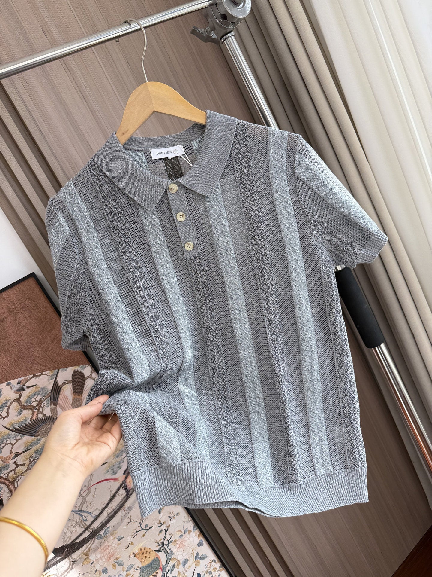 Men Striped Jacquard Knit Short Sleeve Polo Shirt