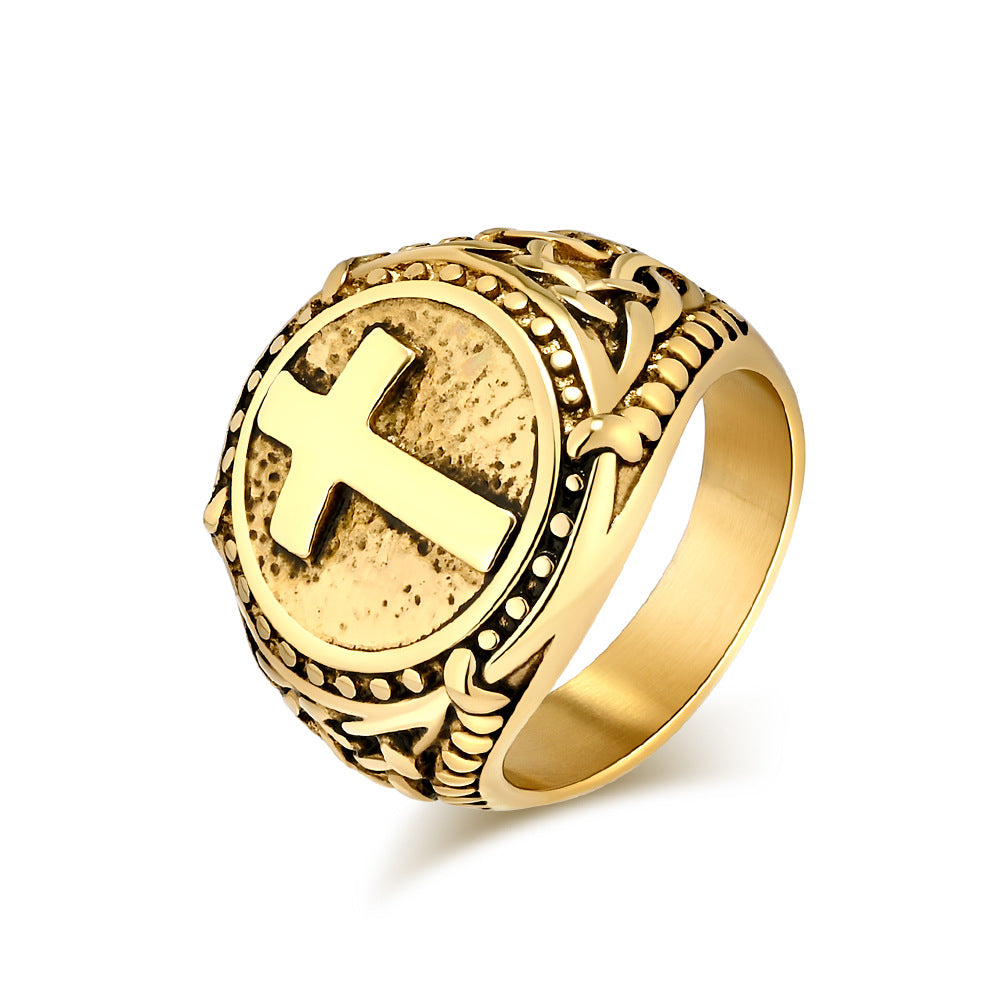 European American Retro Titanium Steel Cross Shape Ring for Men