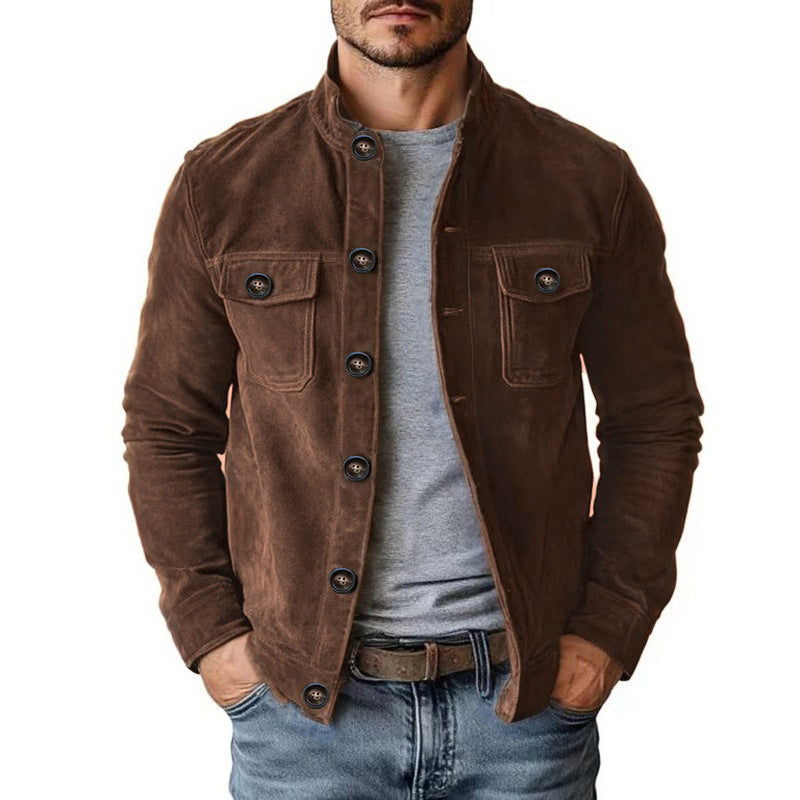 Men Casual Faux Suede Stand Collar Jacket