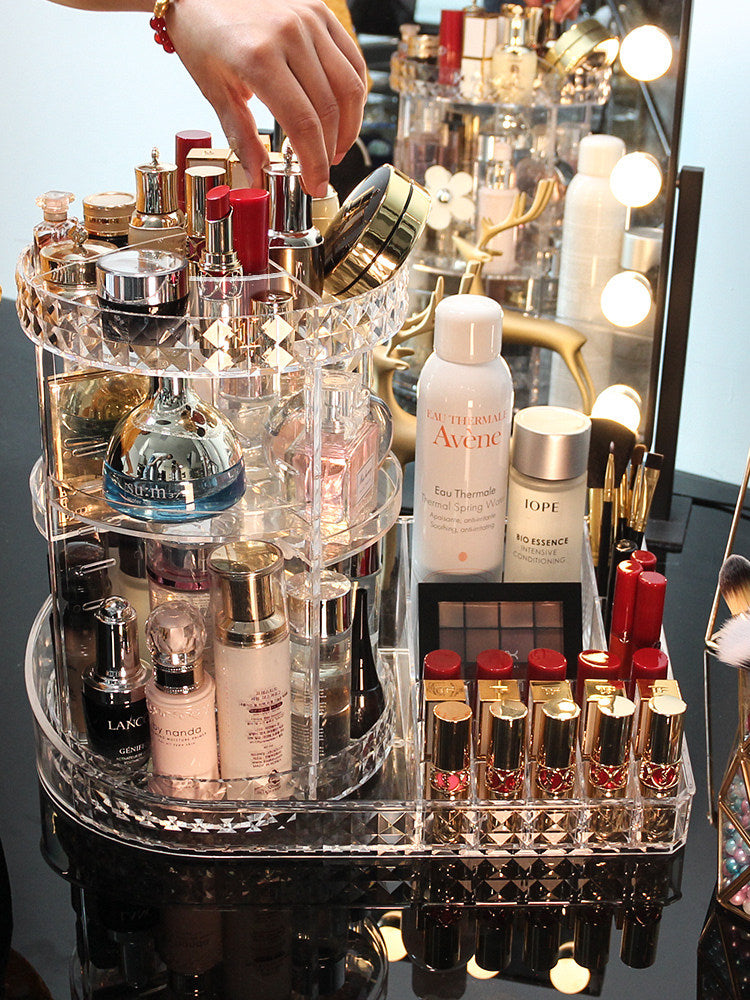 Rotating Acrylic Makeup Organizer with Multi-Compartment Top