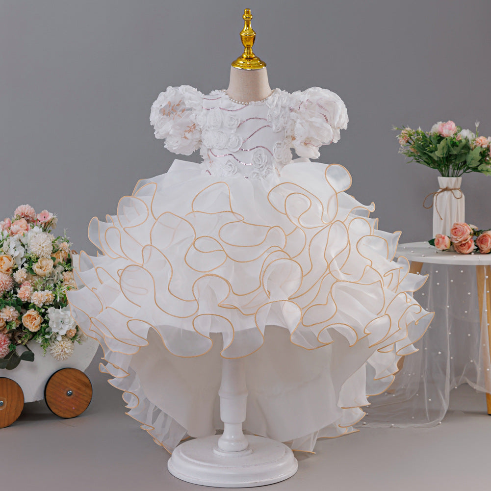 European and American Girls' Puff Short-Sleeved Dress with Three-Dimensional Flower Wedding Dress Children's Formal Dress Multi-Layered Cake Train Dress