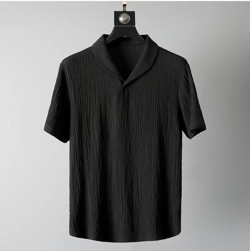 Men Ice Silk Linen Suit Summer Short Sleeve Cropped Pants Set