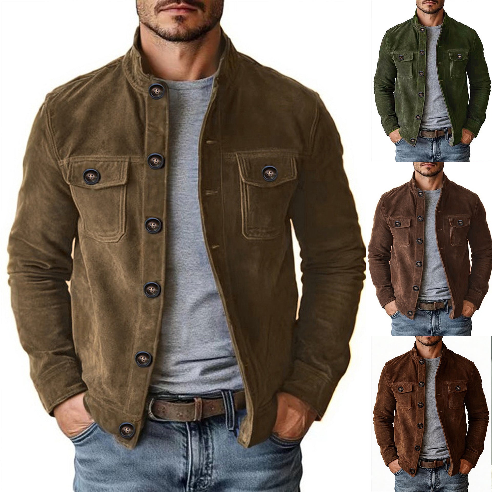 Men Casual Faux Suede Stand Collar Jacket